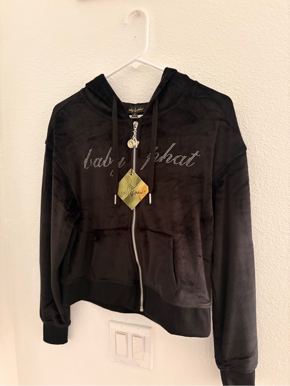 Baby Phat Black Velour Zip Front Hoodie with Rhinestone Logo